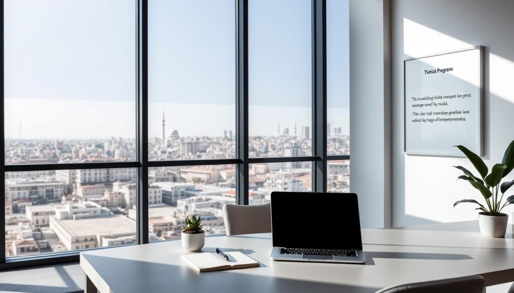 A sleek, modern office interior with a large window overlooking a vibrant cityscape. In the foreground, a minimalist desk with a laptop, notepad, and a succulent plant. On the walls, a series of framed mission and vision statements for the "Tunisia Program", rendered in a clean, sans-serif font. The lighting is bright and natural, creating a sense of professionalism and focus. In the background, the skyline of Tunis is visible, hinting at the program's connection to the local startup ecosystem. The overall atmosphere conveys a sense of purpose, innovation, and a commitment to empowering the next generation of Tunisian entrepreneurs.
