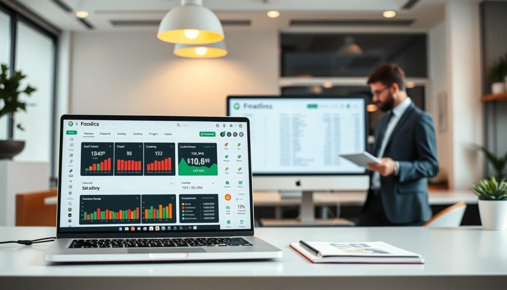 A sophisticated integration between Foodics and accounting systems, showcasing a seamless flow of data and finances. In the foreground, a laptop screen displays the Foodics dashboard, highlighting real-time sales, inventory, and customer insights. In the middle ground, an accountant reviews financial statements on a second monitor, effortlessly syncing data with the Foodics platform. The background features a modern office setting, with clean lines, minimalist decor, and soft, warm lighting, conveying a sense of efficiency and professionalism. The overall scene conveys the harmony and synergy between restaurant management and financial management, enabling business owners to make informed decisions and optimize operations.