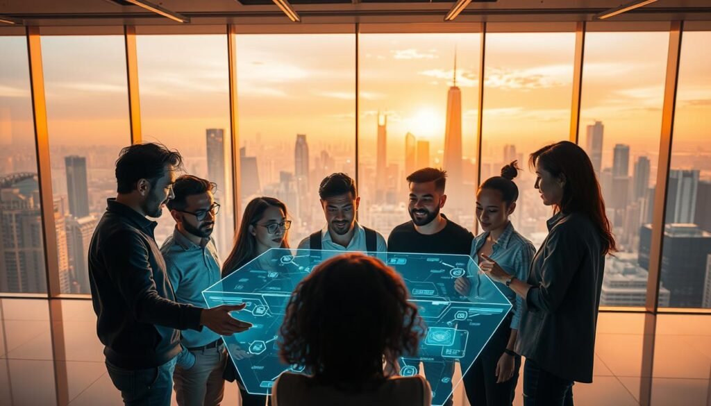 A startup founders' vision, captured in a futuristic, tech-forward scene. In the foreground, a team of diverse innovators huddle around a holographic display, their expressions animated as they hash out ideas. The middle ground features sleek, minimalist office spaces with large windows overlooking a bustling city skyline. In the background, towering skyscrapers and gleaming futuristic architecture suggest a vision of tomorrow's smart city. The lighting is warm and ambient, creating an atmosphere of collaborative innovation. The camera angle is slightly elevated, conveying a sense of aspiration and ambition. The overall mood is one of boundless potential and a commitment to pushing the boundaries of what's possible with AI.