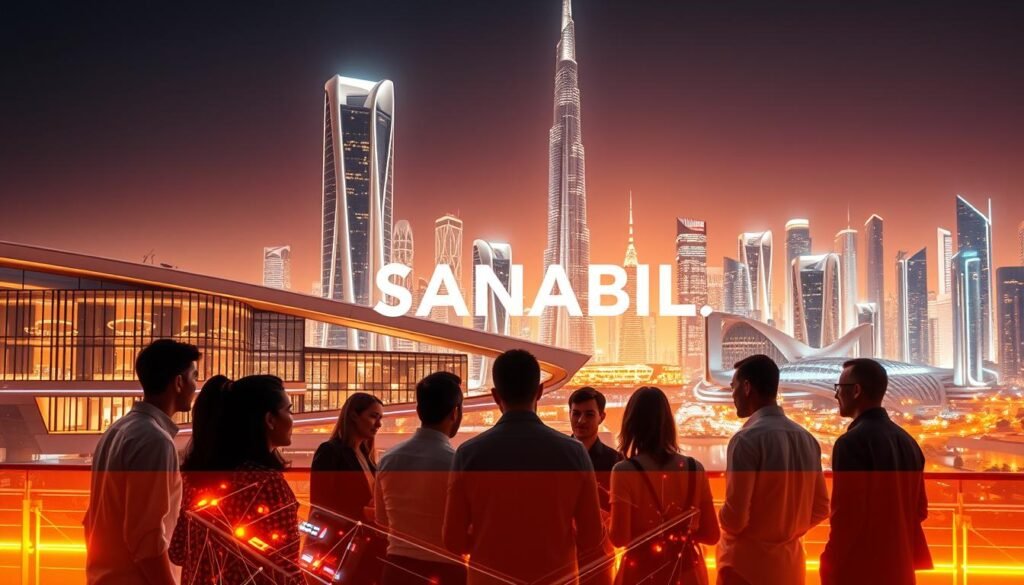 A striking image of the Sanabil Accelerator program, set against a futuristic cityscape. In the foreground, a group of entrepreneurs and innovators engaged in dynamic discussions, their faces illuminated by the glow of holographic displays. The middle ground features the sleek, modern architecture of the Sanabil Accelerator facilities, with clean lines and glass facades reflecting the vibrant energy of the startup ecosystem. In the background, a towering skyline of gleaming skyscrapers, hinting at the vast potential for growth and innovation that the program aims to nurture. The scene is bathed in a warm, golden light, conveying a sense of optimism and possibilities. The overall atmosphere evokes the spirit of Sanabil Investments' mission to empower the next generation of transformative ideas and technologies.