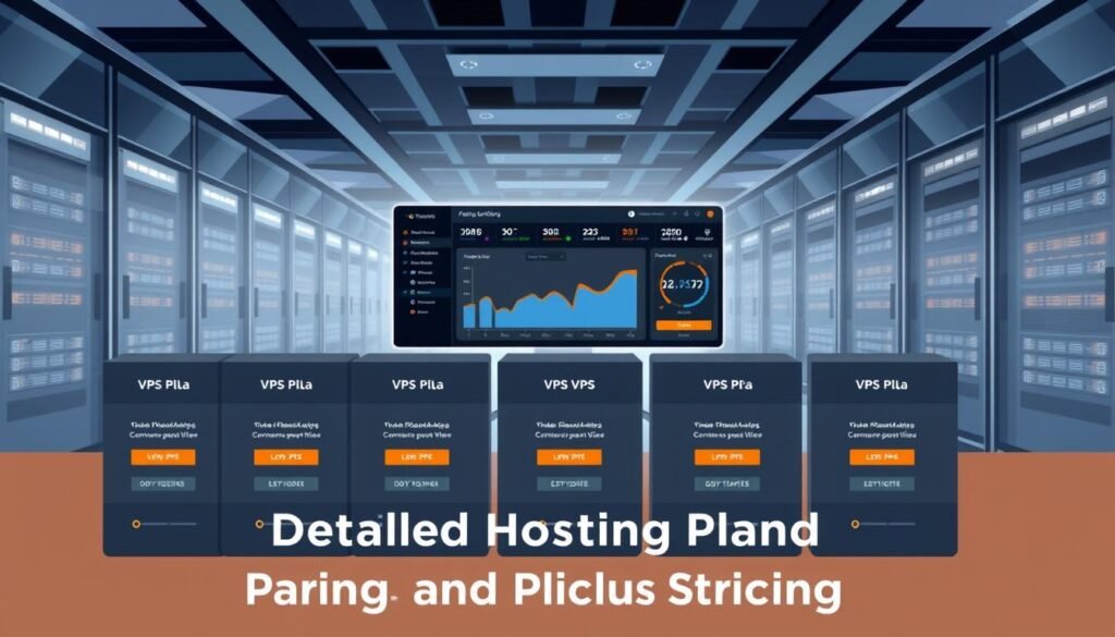 A stylized illustration depicting VPS hosting plans and pricing structure. In the foreground, a grid layout showcases various VPS plan options, each with clear icons, pricing, and feature details. The middle ground features a minimalist dashboard interface, highlighting performance metrics and resource utilization. The background showcases a sleek, futuristic data center setting with geometric architectural elements and subtle lighting effects, conveying a sense of reliability and advanced infrastructure. The overall composition should evoke a modern, professional, and informative tone suitable for the "Detailed Hosting Plans and Pricing Structure" section of the article.