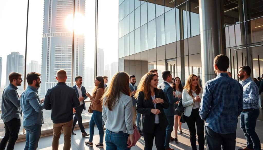 A thriving business hub in the heart of the Middle East, showcasing the success stories of innovative startups. A modern glass-and-steel skyscraper dominates the skyline, its sleek architecture reflecting the entrepreneurial spirit of the region. In the foreground, young professionals in smart casual attire network and collaborate, their faces alight with enthusiasm. Sunlight streams through large windows, casting a warm glow on the dynamic workspace. The overall atmosphere exudes a sense of progress, opportunity, and the fusion of tradition and technology that characterizes the Middle East's venture capital landscape.