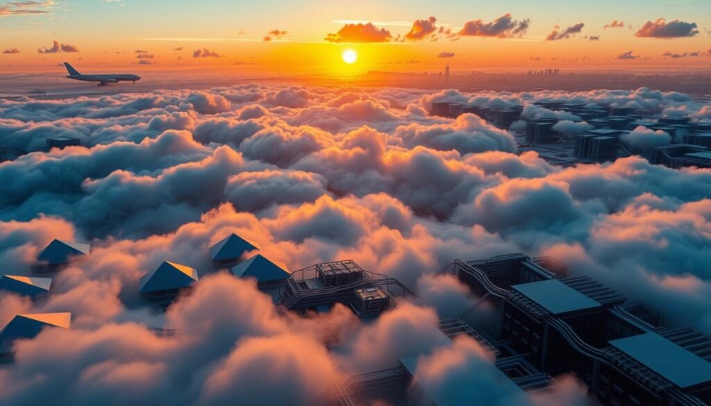 A vast, cloud-covered landscape, illuminated by a warm, golden glow from the setting sun. In the foreground, a sprawling network of interconnected servers and data centers, representing the migration of a robust cloud infrastructure. Sleek, futuristic shapes in shades of blue and gray, evoking the cutting-edge technology powering this global-scale operation. In the middle ground, towering server racks and intricate cable management systems, showcasing the complexity and scale of the infrastructure. In the background, a cityscape of skyscrapers and bustling activity, symbolizing the global reach and scalability of the system. The image conveys a sense of technological prowess, efficiency, and the seamless integration of the cloud-based solution.