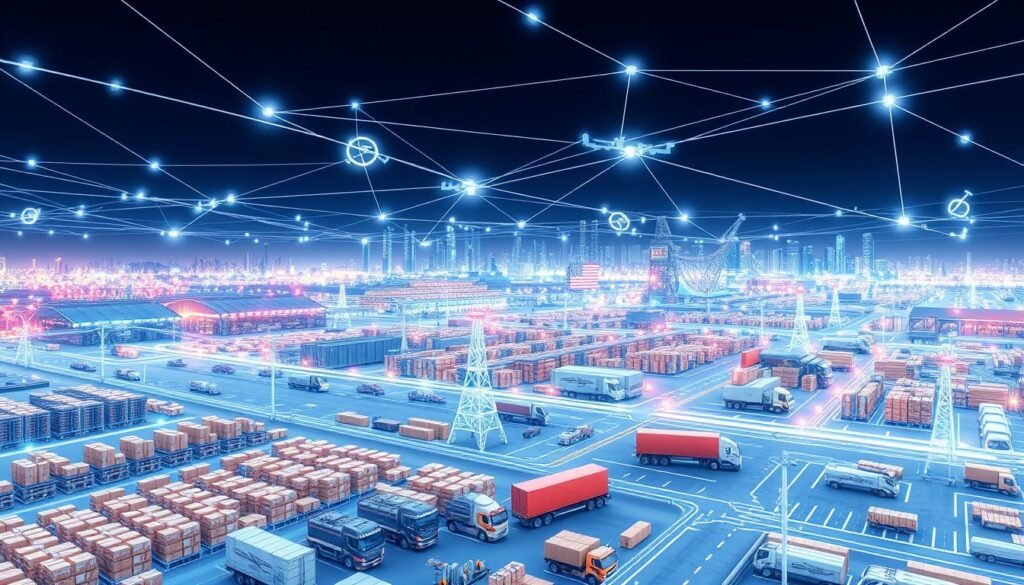 A vast, interconnected e-commerce supply chain network unfurls before the viewer, rendered in a crisp, technical style. In the foreground, a distribution center buzzes with activity, packages efficiently sorted and loaded onto delivery vehicles. In the middle ground, a web of transportation routes connects various hubs, warehouses, and fulfillment centers, pulsing with the flow of goods. In the background, a city skyline provides the urban backdrop, skyscrapers and infrastructure symbolizing the scale and complexity of the modern e-commerce ecosystem. The scene is illuminated by cool, directional lighting, accentuating the geometrical precision of the logistics infrastructure. The overall atmosphere conveys the efficiency, dynamism, and technological prowess of a cutting-edge e-commerce supply chain platform.