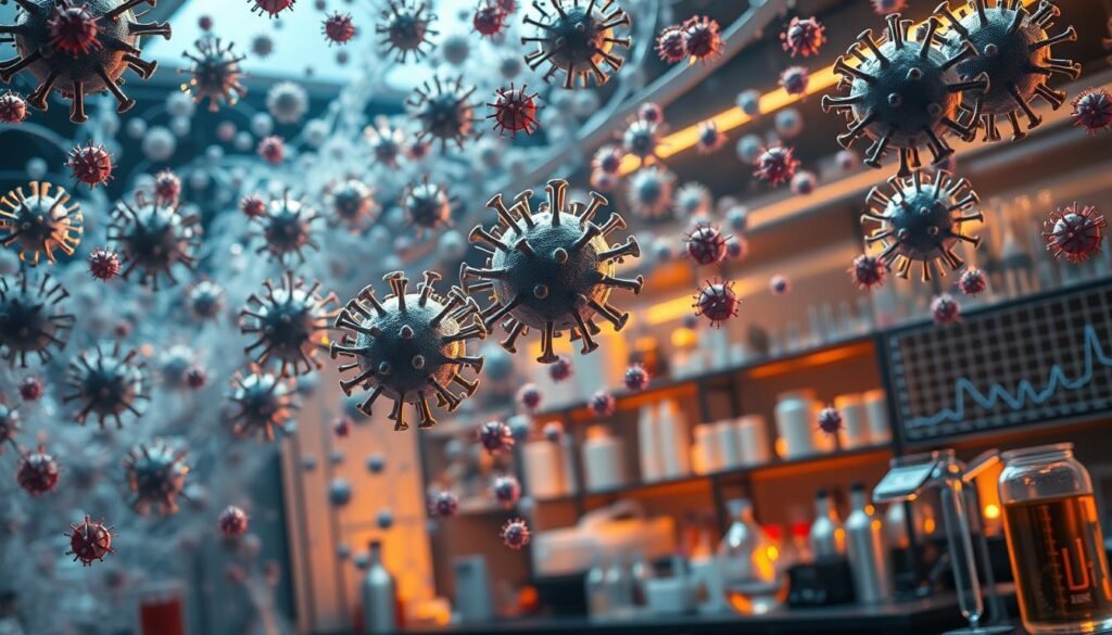 A vast, intricate network of viral particles, their structures intricate and mesmerizing, suspended in a swirling sea of data visualizations. Cascading graphs and charts depict the complex patterns of viral mutations, forecasting their unpredictable trajectories. A laboratory setting, with scientific instruments and glassware, illuminated by warm, focused lighting, suggests the diligent work of researchers seeking to unravel the mysteries of these microscopic, ever-evolving entities. The atmosphere conveys a sense of vigilance and determination, as the image illustrates the crucial role of AI and machine learning in staying ahead of emerging viral threats.