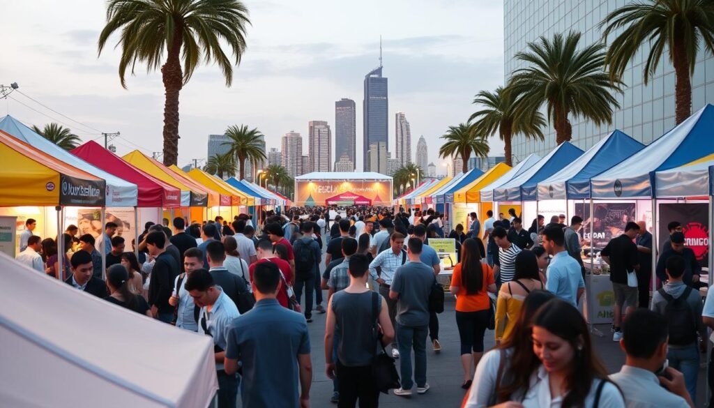 A vibrant and dynamic entrepreneurship festival, "مهرجان ريادة الأعمال" showcases the energy and innovation of the local startup ecosystem. The scene depicts a bustling outdoor event, with colorful tents and booths lining the streets. In the foreground, attendees engage in lively discussions, exchanging ideas and making new connections. The middle ground features interactive workshops and demonstrations, where entrepreneurs showcase their products and services. In the background, a modern skyline sets the stage, reflecting the progressive and forward-looking nature of the festival. The lighting is warm and inviting, creating an atmosphere of enthusiasm and possibility. The overall composition captures the essence of the integrated services and initiatives offered by "شراع – مركز الشارقة لريادة الأعمال" to support the growth and success of local entrepreneurs.