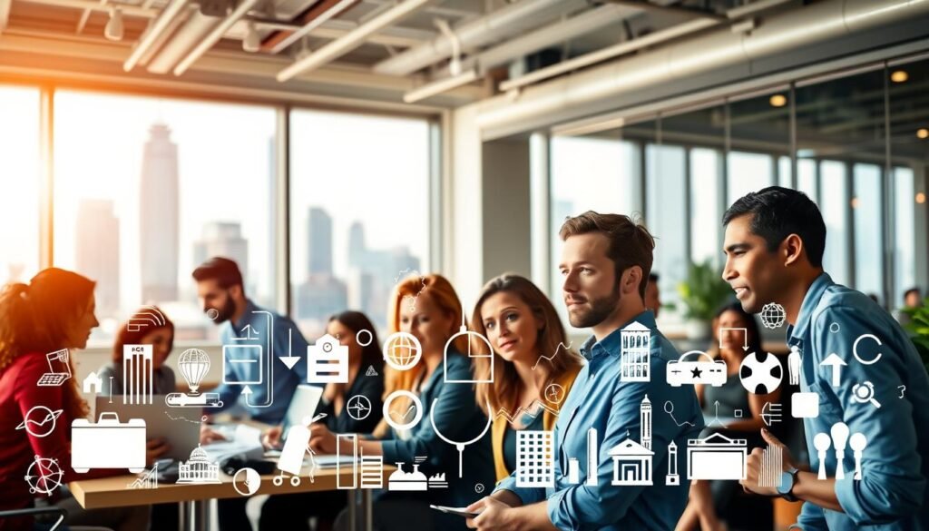 A vibrant and dynamic office scene showcasing diverse job opportunities. In the foreground, a group of professionals engaged in collaborative work, their expressions intent and focused. The middle ground features an array of icons and symbols representing various industries and career paths, creating a sense of abundance and possibility. In the background, a striking cityscape with towering skyscrapers and a vibrant, energetic atmosphere. Warm, natural lighting filters through the windows, casting a welcoming glow over the entire scene. The composition is balanced and visually compelling, inviting the viewer to explore the wealth of career options available.