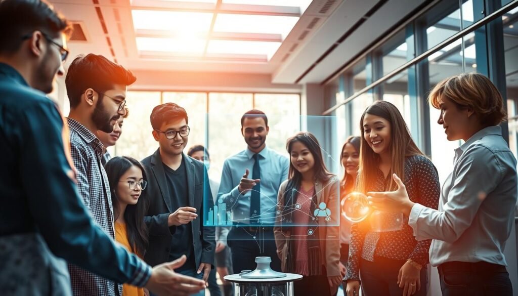 A vibrant and dynamic scene showcasing the essence of "برامج التسريع والابتكار". In the foreground, a group of young innovators collaborate intently around a holographic display, their faces alight with creative energy. In the middle ground, mentors and industry experts guide and inspire, fostering an atmosphere of collaborative innovation. The background features a sleek, futuristic office space, with floor-to-ceiling windows that flood the scene with warm, natural light. The overall mood is one of boundless potential, where cutting-edge technology and human ingenuity converge to drive progress forward.