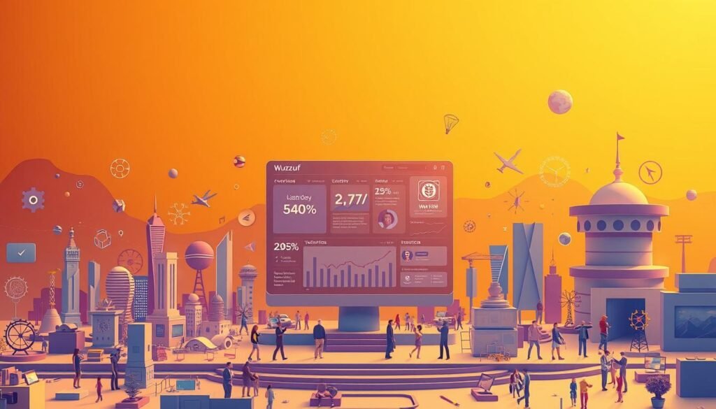 A vibrant and visually striking illustration of the history and importance of the Wuzzuf platform. Set against a warm, golden-hued backdrop, depict the evolution of the platform over time, showcasing its growth and influence in the job market. In the foreground, render detailed icons and symbols representing key milestones, achievements, and services offered by Wuzzuf. In the middle ground, construct a sleek, modern interface displaying relevant data and statistics that highlight Wuzzuf's impact. In the background, incorporate subtle yet elegant design elements that convey a sense of professionalism and reliability. Utilize a cinematic, wide-angle perspective to create a sense of depth and grandeur, showcasing Wuzzuf's prominence in the job search landscape.