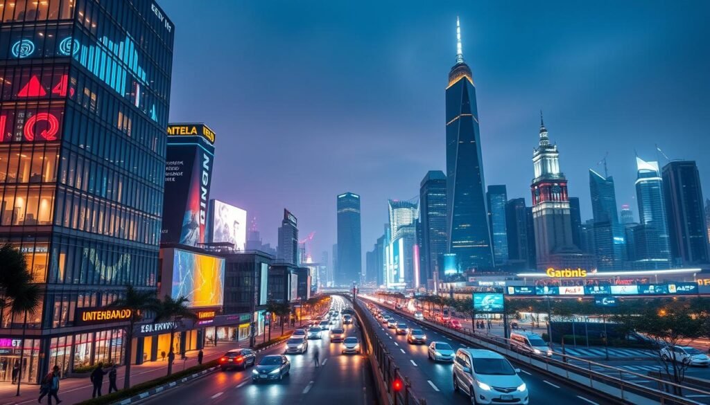 A vibrant cityscape reflecting the dynamic impacts of digital transformation on economic growth. In the foreground, a futuristic skyscraper with a sleek, glass exterior glows with an array of vibrant digital displays. Mid-ground, a bustling city street teems with autonomous vehicles and pedestrians using augmented reality devices. In the background, a skyline of towering, interconnected structures symbolizes the interconnectedness of the digital economy. The scene is bathed in a warm, ambient light, conveying a sense of progress, innovation, and economic vitality.
