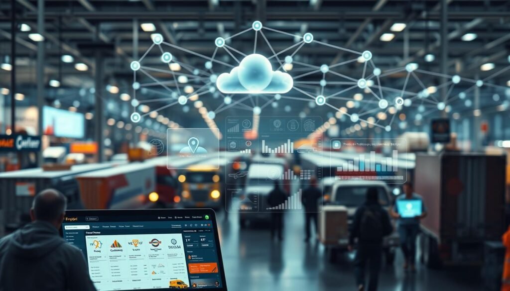 A vibrant digital marketplace bustling with activity. In the foreground, a sleek user interface showcases a variety of freight services and options, inviting the user to explore and book their logistics needs. In the middle ground, data visualization tools provide real-time insights into supply chain metrics, shipment tracking, and market trends. In the background, a network of interconnected nodes represents the cloud-based infrastructure powering the seamless coordination of transportation, warehousing, and delivery. Soft, diffused lighting creates a sense of modern sophistication, while the overall composition conveys a balance of efficiency, transparency, and user-centric design.