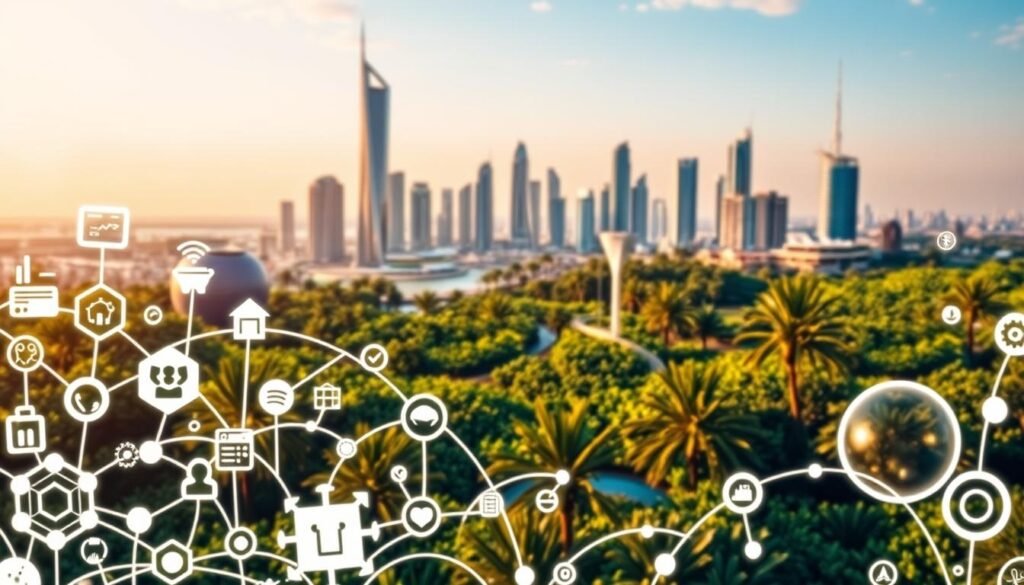 A vibrant, dynamic ecosystem of innovative partnerships, with diverse stakeholders collaborating to drive transformative change. In the foreground, stylized icons and symbols representing technology, research, and industry intertwine, symbolizing the synergies and interconnectedness of the ecosystem. The middle ground features a sleek, futuristic cityscape, with gleaming towers and cutting-edge infrastructure, reflecting the vision of a smart, sustainable urban environment. In the background, a lush, verdant landscape with flourishing greenery and natural elements, conveying the harmony between technological progress and environmental stewardship. Warm, diffused lighting and a sense of energy and momentum permeate the scene, capturing the essence of "Plug and Play Abu Dhabi" and the dynamic partnerships that power its innovative ecosystem.