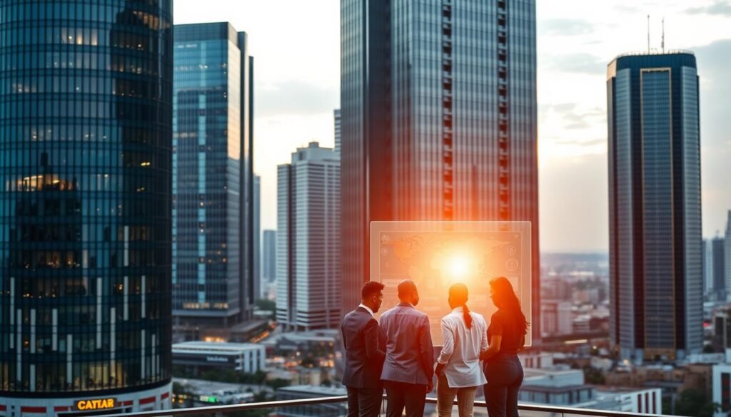 A vibrant fusion of business acumen and technological prowess, a merger of two leading e-commerce solution providers, MaxAB and Wasoko, unfolds against a backdrop of bustling cityscape. In the foreground, sleek and modern office buildings stand tall, their glass facades reflecting the dynamic energy of this pivotal collaboration. In the middle ground, a team of professionals huddle around a holographic display, their faces alight with enthusiasm as they chart the course for expanding their reach across the African continent. In the distance, a serene skyline frames the scene, hinting at the vast opportunities that await this strategic alliance. Soft, warm lighting casts a gentle glow, evoking a sense of optimism and innovation that permeates this transformative moment.