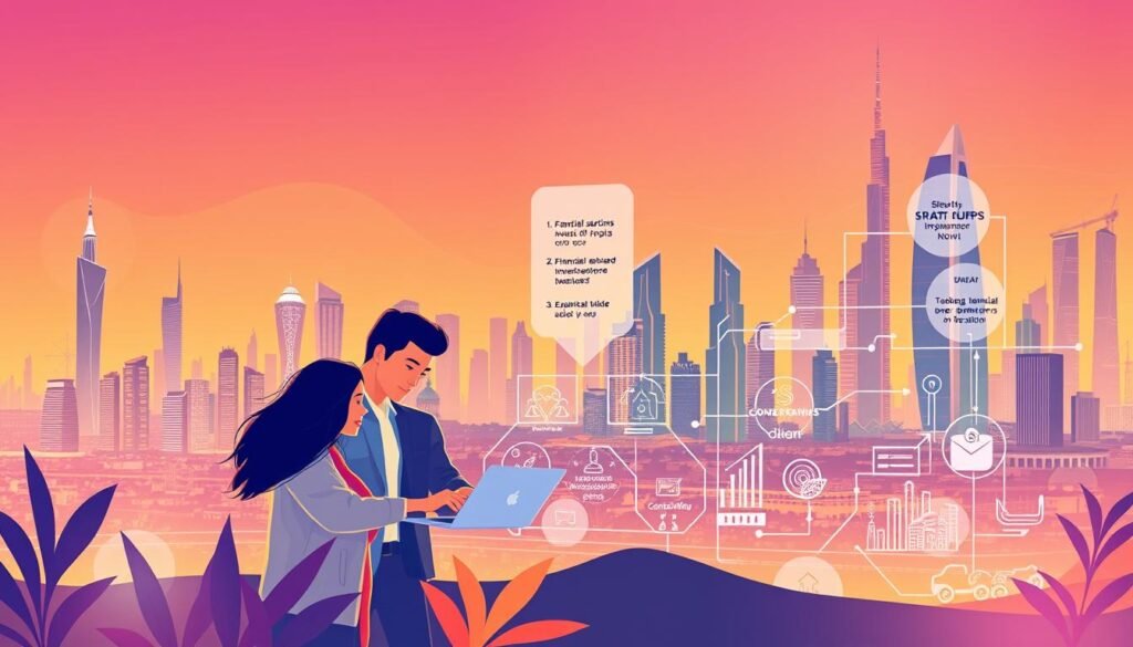 A vibrant, modern illustration showcasing the financial services and growth opportunities for startups in the Middle East. In the foreground, a diverse team of entrepreneurs collaborating over a laptop, discussing plans for expansion. In the middle ground, a stylized visualization of funding options, investment vehicles, and advisory services. In the background, a cityscape with towering skyscrapers and a dynamic, energetic atmosphere. Warm lighting casts a soft glow, creating an atmosphere of optimism and innovation. The scene conveys a sense of momentum, progress, and the promise of new possibilities for the region's thriving startup ecosystem.