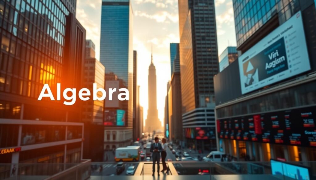 A vibrant, panoramic cityscape of the American financial landscape, showcasing the towering skyscrapers of Wall Street and the bustling energy of the New York Stock Exchange. In the foreground, the Algebra Ventures logo stands prominently, casting a confident reflection in the gleaming glass façades. The mid-ground features the company's team of financial experts, strategizing and collaborating against a backdrop of stock tickers and market data visualizations. The background is bathed in warm, golden lighting, evoking a sense of prosperity and innovation. The overall scene conveys Algebra Ventures' dynamic presence and pioneering spirit in the American financial market.