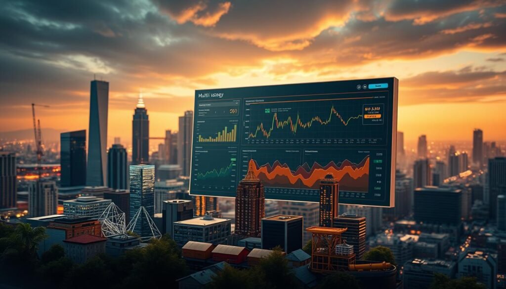 A visually captivating image of a multi-asset investment strategy. In the foreground, a diverse array of financial instruments - stocks, bonds, real estate, commodities - are seamlessly integrated, reflecting the breadth of the investment approach. The middle ground showcases a sleek, modern financial dashboard, displaying dynamic charts and data visualizations that provide insights into portfolio performance. In the background, a cityscape with towering skyscrapers and bustling activity, symbolizing the global nature of the investment landscape. The lighting is warm and inviting, conveying a sense of stability and professionalism. The overall composition is balanced and visually striking, capturing the essence of a comprehensive, well-diversified investment strategy.