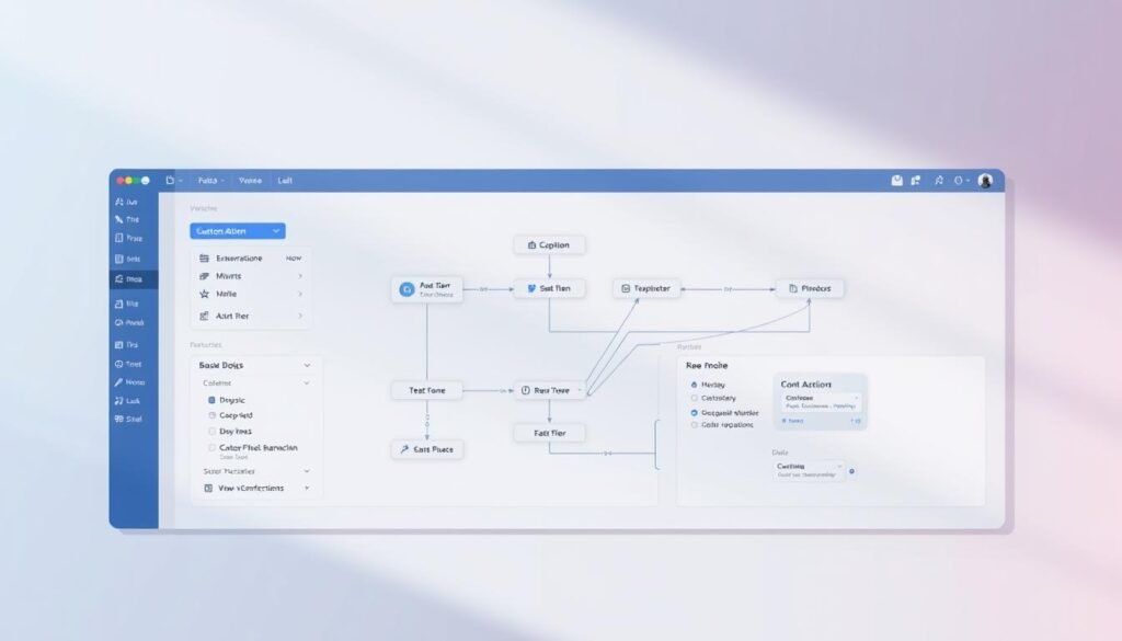 A visually striking and meticulously detailed image of a "visual flow builder" interface. The foreground features a sleek and intuitive drag-and-drop canvas, with smooth, responsive nodes and connectors that seamlessly flow together. The middle ground showcases a range of customization options, from conditional branches to automated actions, all presented in a clean and organized manner. The background subtly blends gradient hues, creating a sense of depth and highlighting the digital nature of the interface. Soft, directional lighting casts subtle shadows, adding depth and dimension to the scene. The overall atmosphere conveys a sense of efficiency, productivity, and the power of visual programming in business automation.