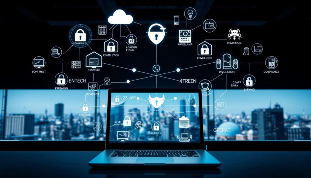 A well-lit, high-resolution scene depicting comprehensive endpoint security and compliance controls. In the foreground, a laptop or desktop computer represents the endpoint, surrounded by a dynamic array of security icons, firewalls, and data encryption tools. The middle ground showcases a network diagram with interconnected devices, servers, and cloud services, all under the watchful gaze of a security dashboard. In the background, a cityscape or office environment symbolizes the broader IT infrastructure, with subtle hints of compliance regulations and industry standards. The scene conveys a sense of robust, multilayered security measures that protect the entire digital ecosystem, fostering a secure and compliant work environment.