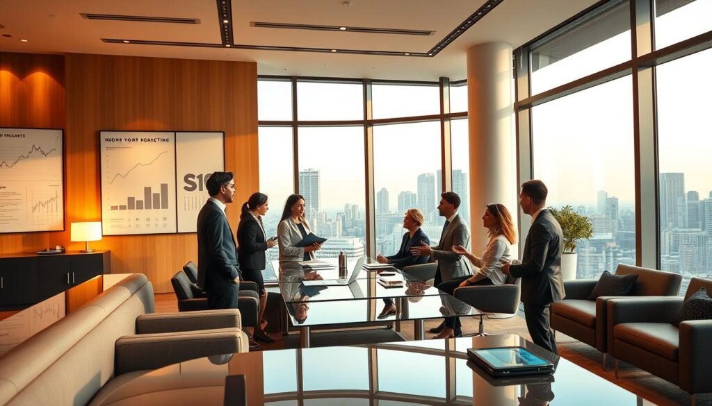An elegant corporate office interior with large floor-to-ceiling windows overlooking a vibrant cityscape. Warm lighting illuminates the modern workspace, where a group of successful professionals are engaged in discussion around a polished conference table. Inspirational artwork and financial charts adorn the walls, creating an atmosphere of innovation and growth. In the foreground, a dynamic team presents their latest investment proposal, their faces filled with determination and confidence. Sleek, minimalist furniture and state-of-the-art technology create a sophisticated, forward-thinking environment that embodies the spirit of entrepreneurial success.