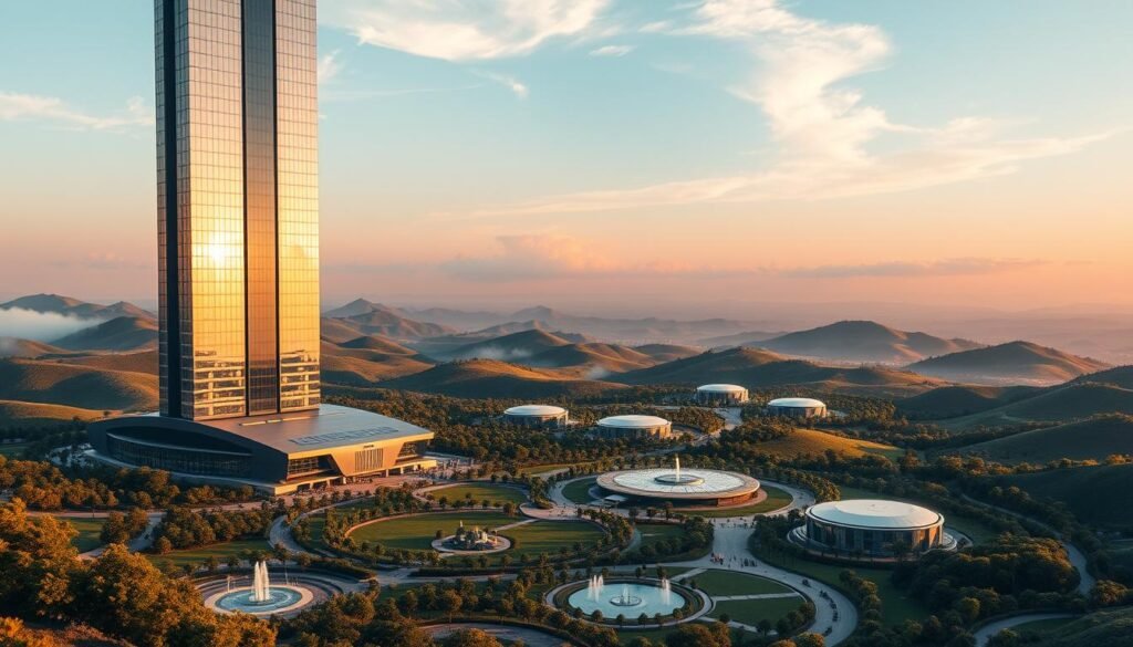 An expansive, futuristic landscape featuring a towering, ultramodern corporate campus nestled amidst rolling hills. In the foreground, a sleek, glass-and-steel skyscraper dominates the skyline, its facade reflecting the warm glow of the setting sun. Surrounding the building, lush, manicured gardens and sparkling fountains create a serene, park-like atmosphere. In the middle ground, smaller research and development facilities dot the landscape, their architectural designs blending seamlessly with the natural environment. The background is filled with distant mountain ranges, their peaks shrouded in wispy clouds. The overall scene conveys a sense of innovation, progress, and strategic investment in the future.