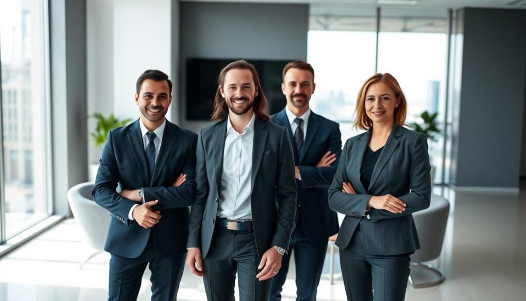 An expertly composed group portrait of a dynamic investment team, captured in a sophisticated and professional manner. In the foreground, four individuals stand confidently, their expressions and body language conveying a sense of authority and expertise. They are dressed in tailored business attire, creating a cohesive visual aesthetic. The middle ground features a sleek, modern office setting, with minimal yet elegant furnishings and a touch of natural light filtering in through large windows. In the background, a subtle cityscape can be seen, hinting at the global reach and influence of this investment group. The lighting is soft and directional, highlighting the team's features and creating a sense of depth and dimension. The overall mood is one of confidence, competence, and a commitment to delivering exceptional investment solutions.