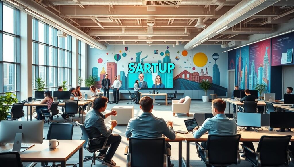 An innovative corporate environment for startups, bustling with creativity and technological advancements. A dynamic workspace filled with modern, modular furniture, sleek desks, and ergonomic chairs. Abundant natural light streams in through large windows, fostering a sense of openness and collaboration. In the foreground, young professionals engage in lively discussions, exchanging ideas over a cup of coffee. The middle ground showcases a centralized meeting area with a state-of-the-art holographic display, allowing for seamless remote collaboration. In the background, a vibrant mural depicting the company's core values and vision sets the tone for the innovative spirit that permeates the space. The scene exudes a sense of energy, innovation, and the limitless potential of the startup ecosystem.