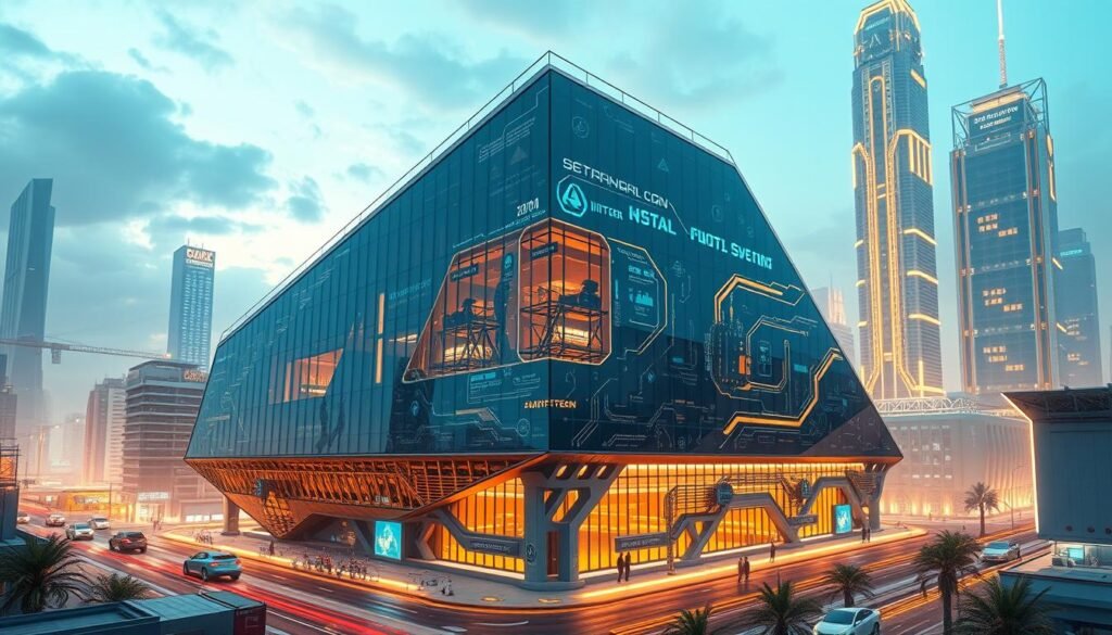 Detailed architectural rendering of an advanced, futuristic industrial innovation platform set in a vibrant, technologically-driven urban landscape. Showcasing a sleek, angular structure with gleaming glass facades, advanced robotic systems, and cutting-edge computational displays. The platform is surrounded by a bustling cityscape with towering skyscrapers, autonomous vehicles, and holographic signage, all illuminated by warm, directional lighting that casts dramatic shadows. The scene conveys a sense of progress, collaboration, and the integration of innovative technology into the fabric of the modern metropolis.