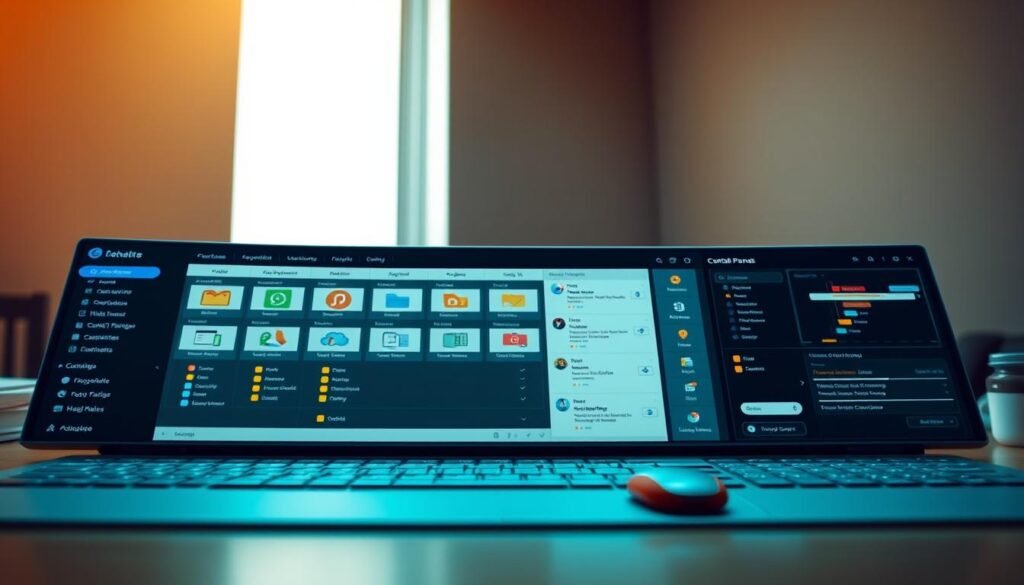 Detailed website management control panel, displaying a sleek and intuitive dashboard with various tools and widgets. The foreground features an array of customizable modules for managing websites, such as file manager, database editor, and domain settings. The middle ground showcases a clean, minimalist interface with clear navigation menus and responsive design. The background subtly blends in a soft, muted color palette, creating a sense of professionalism and efficiency. Warm, balanced lighting illuminates the scene, highlighting the key features and creating depth and dimension. The overall atmosphere conveys a user-friendly, powerful, and comprehensive web hosting management experience.