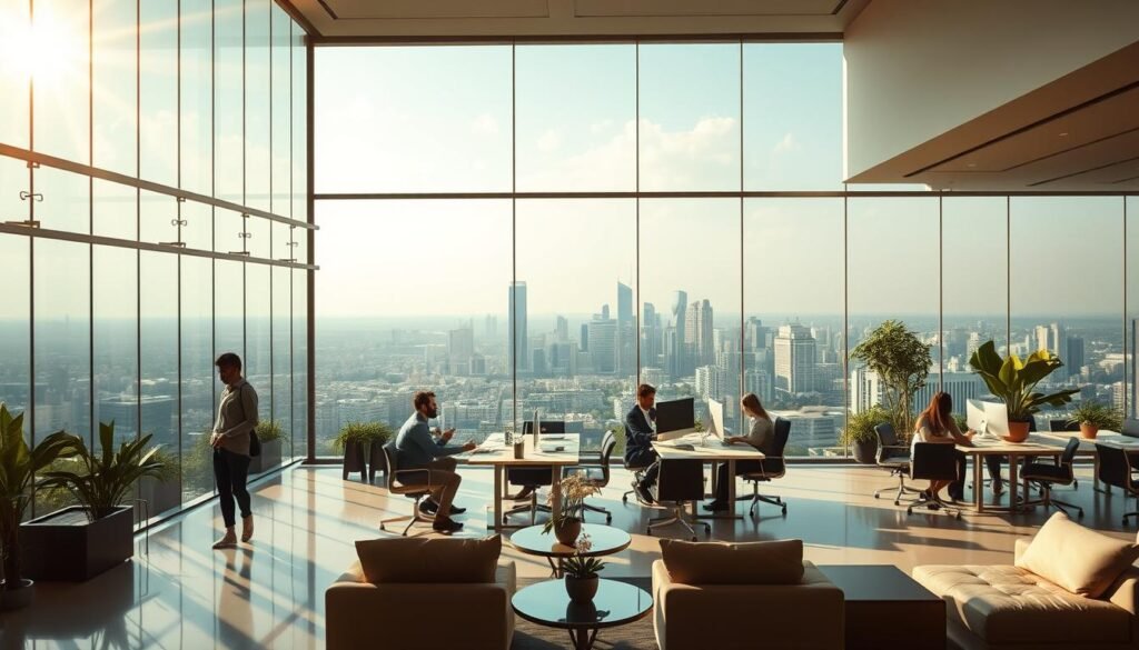 Prompt A serene and inspiring entrepreneurship center, bathed in warm, natural lighting. The foreground features a glass-walled atrium, with sleek furniture and a minimalist design aesthetic. In the middle ground, a group of young, dynamic entrepreneurs collaborate at modern workstations, immersed in their ventures. The background showcases a panoramic view of a bustling city skyline, symbolizing the center's role in nurturing the local entrepreneurial ecosystem. The overall mood is one of innovation, collaboration, and a shared vision for a thriving, sustainable future.