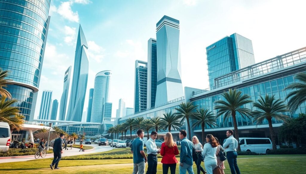 Vibrant landscape showcasing the towering headquarters of leading tech companies in Qatar. Futuristic glass and steel structures reaching towards the azure sky, surrounded by lush greenery and sleek, modern infrastructure. In the foreground, a group of diverse professionals engaged in animated discussions, representing the innovative spirit of the tech ecosystem. Soft, directional lighting illuminates the scene, highlighting the cutting-edge design and dynamic energy. The overall atmosphere exudes a sense of progress, collaboration, and Qatar's ambitious vision for technological advancement.