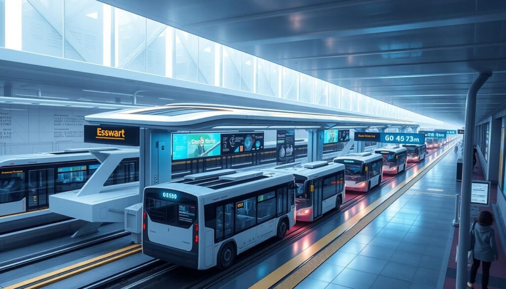 a detailed, futuristic, and technologically-advanced rendering of a smart transportation platform, featuring a sleek and minimalist design with clean lines and a sophisticated palette of colors. The platform should be depicted from an elevated perspective, showcasing its modular structure, advanced signage and digital displays, and seamless integration of various modes of transportation, including buses, rideshare vehicles, and autonomous shuttles. The scene should convey a sense of efficiency, connectivity, and a forward-thinking approach to urban mobility, capturing the innovative spirit of Swvl's smart transportation solutions.