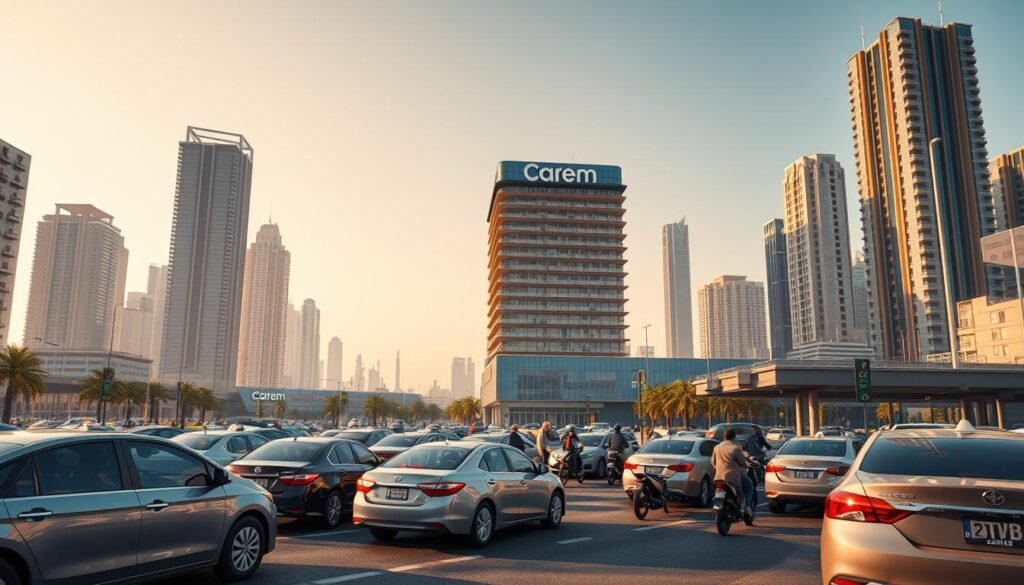 a highly detailed, cinematic, and richly textured 3D render of a bustling urban transportation hub, showcasing the impact of ride-hailing apps like Careem on the local transportation industry. In the foreground, an array of modern, sleek vehicles - sedans, SUVs, and motorcycles - line up at a designated pickup/drop-off zone, with passengers of diverse backgrounds boarding and disembarking. The middle ground features a large, multi-story parking structure, its facade adorned with the distinctive Careem branding. In the background, towering skyscrapers and modern high-rises dominate the skyline, representing the growing commercial and economic influence of the transportation technology sector. Warm, golden lighting bathes the entire scene, evoking a sense of progress, efficiency, and technological innovation transforming the urban landscape.