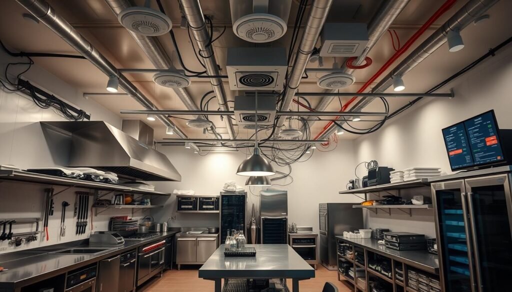 a sleek modern restaurant kitchen, with stainless steel appliances, industrial-grade shelving, and a central island workstation. Overhead, a network of cables, servers, and wireless access points, all meticulously arranged to power the restaurant's point-of-sale system, inventory management, and customer-facing digital displays. The room is bathed in a soft, even lighting, creating a sense of efficiency and control. The camera angle is slightly elevated, capturing the intricate dance of technology that enables the seamless operation of this culinary establishment.