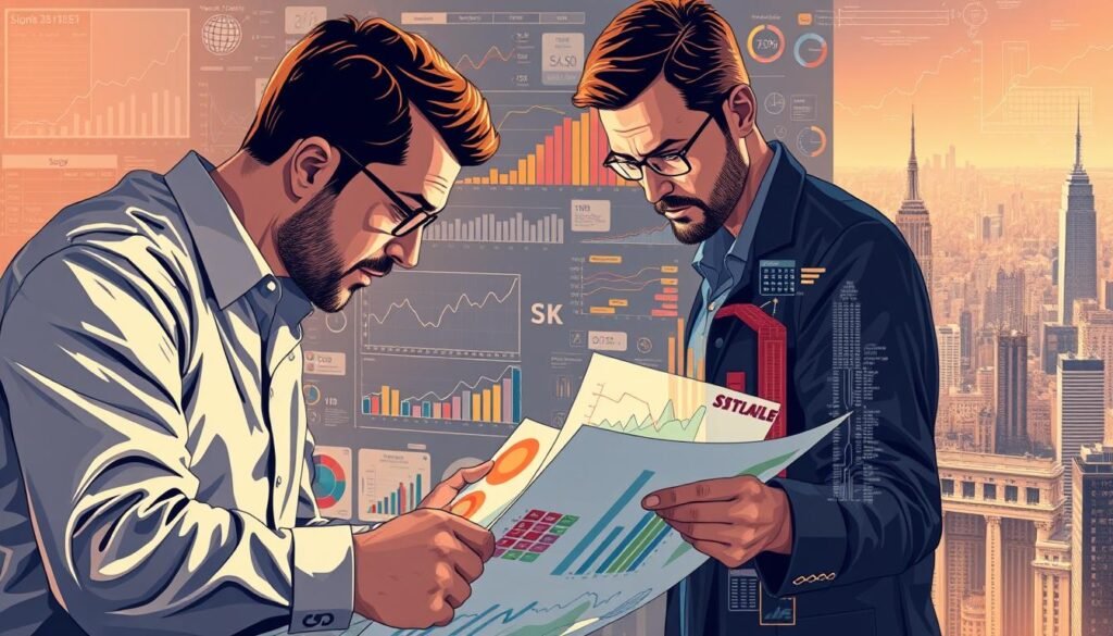 an intricate and visually striking illustration of an investment strategy and venture capital focus, depicting a sophisticated financial landscape. in the foreground, a team of investors pore over financial data and reports, their expressions intense as they weigh options and make crucial decisions. the midground features a dynamic array of graphs, charts, and visualizations, highlighting key metrics and trends that inform the investment strategy. the background depicts a bustling city skyline, suggesting the global scope and interconnectedness of the venture capital industry. the scene is illuminated by warm, directional lighting that casts subtle shadows, creating a sense of depth and drama. the overall composition conveys a mood of professional rigor, strategic thinking, and boundless potential.
