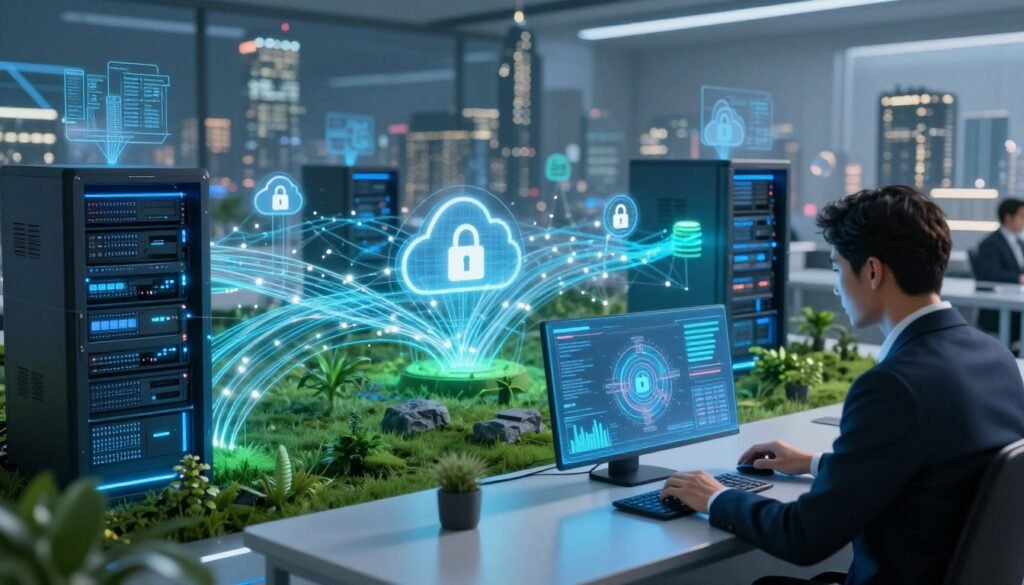 A futuristic and secure data ecosystem visualization, showcasing an integrated environment of interconnected servers, digital networks, and advanced data encryption symbols. In the foreground, a sleek, modern workstation with a professional in business attire, analyzing data on a holographic display. The middle ground features a vibrant network of glowing data streams flowing seamlessly between cloud icons and secure databases, representing robust data safety. The background reveals a city skyline powered by renewable energy, symbolizing sustainability and innovation. The scene is illuminated with soft blue and green lighting, creating a professional and trustworthy atmosphere. Use a mid-angle perspective to capture depth and detail, enhancing the technological theme of security and advancement. A futuristic and secure data ecosystem visualization, showcasing an integrated environment of interconnected servers, digital networks, and advanced data encryption symbols. In the foreground, a sleek, modern workstation with a professional in business attire, analyzing data on a holographic display. The middle ground features a vibrant network of glowing data streams flowing seamlessly between cloud icons and secure databases, representing robust data safety. The background reveals a city skyline powered by renewable energy, symbolizing sustainability and innovation. The scene is illuminated with soft blue and green lighting, creating a professional and trustworthy atmosphere. Use a mid-angle perspective to capture depth and detail, enhancing the technological theme of security and advancement.