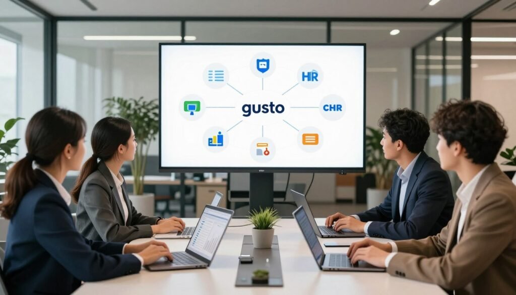 A modern office environment showcasing seamless integrations of payroll management tools. In the foreground, a diverse group of professionals in smart business attire collaborates around a sleek conference table, with laptops and digital devices displaying graphs and data analytics. In the middle, a large interactive screen shows various integration logos like accounting, HR, and project management software connected to Gusto, radiating a sense of collaboration and efficiency. The background features a bright, open plan office with glass walls and greenery, highlighting a productive atmosphere. Soft, natural light filters in through large windows, casting a warm, inviting glow. Capture the essence of teamwork and technological synergy in a contemporary setting, evoking a sense of innovation and reliability. A modern office environment showcasing seamless integrations of payroll management tools. In the foreground, a diverse group of professionals in smart business attire collaborates around a sleek conference table, with laptops and digital devices displaying graphs and data analytics. In the middle, a large interactive screen shows various integration logos like accounting, HR, and project management software connected to Gusto, radiating a sense of collaboration and efficiency. The background features a bright, open plan office with glass walls and greenery, highlighting a productive atmosphere. Soft, natural light filters in through large windows, casting a warm, inviting glow. Capture the essence of teamwork and technological synergy in a contemporary setting, evoking a sense of innovation and reliability.