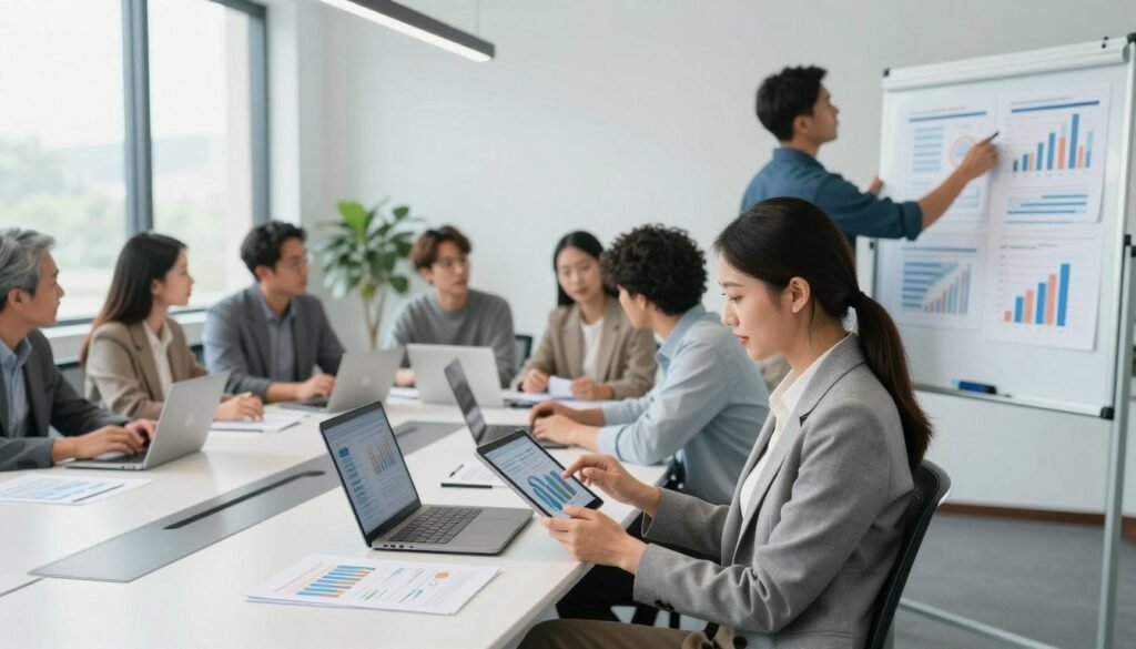 A modern office setting showcasing a diverse group of professionals collaborating on a business plan. In the foreground, a focused woman in business attire analyzes data on a tablet, while a man in a smart casual outfit gestures toward a presentation board filled with charts and graphs. In the middle, a sleek conference table is surrounded by team members engaged in a discussion, with laptops and documents scattered around, symbolizing brainstorming and planning. The background features large windows allowing natural light to illuminate the room, creating an atmosphere of productivity and innovation. The overall mood is dynamic and forward-thinking, emphasizing the value of strategic planning and teamwork in a contemporary business environment. A modern office setting showcasing a diverse group of professionals collaborating on a business plan. In the foreground, a focused woman in business attire analyzes data on a tablet, while a man in a smart casual outfit gestures toward a presentation board filled with charts and graphs. In the middle, a sleek conference table is surrounded by team members engaged in a discussion, with laptops and documents scattered around, symbolizing brainstorming and planning. The background features large windows allowing natural light to illuminate the room, creating an atmosphere of productivity and innovation. The overall mood is dynamic and forward-thinking, emphasizing the value of strategic planning and teamwork in a contemporary business environment.