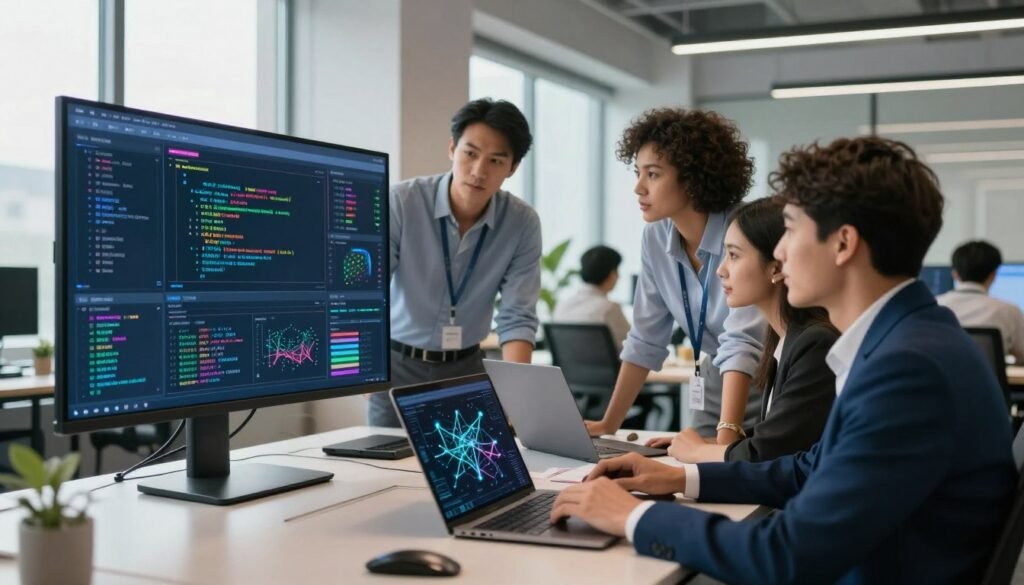 A modern office setting where a diverse group of professionals collaborates on artificial intelligence model training. In the foreground, a multi-ethnic team of three individuals—one man and two women—concentrate on a large screen displaying complex algorithms and data visualizations. The man wears a blue suit while the women are dressed in smart casual attire. In the middle ground, sleek laptops and digital devices showcase dynamic graphs and neural network patterns, hinting at advanced technology. The background features contemporary office decor with large windows, allowing soft, natural light to flood the space, creating an inspiring atmosphere. The overall mood is energetic and innovative, embodying the intersection of business and AI development. A modern office setting where a diverse group of professionals collaborates on artificial intelligence model training. In the foreground, a multi-ethnic team of three individuals—one man and two women—concentrate on a large screen displaying complex algorithms and data visualizations. The man wears a blue suit while the women are dressed in smart casual attire. In the middle ground, sleek laptops and digital devices showcase dynamic graphs and neural network patterns, hinting at advanced technology. The background features contemporary office decor with large windows, allowing soft, natural light to flood the space, creating an inspiring atmosphere. The overall mood is energetic and innovative, embodying the intersection of business and AI development.