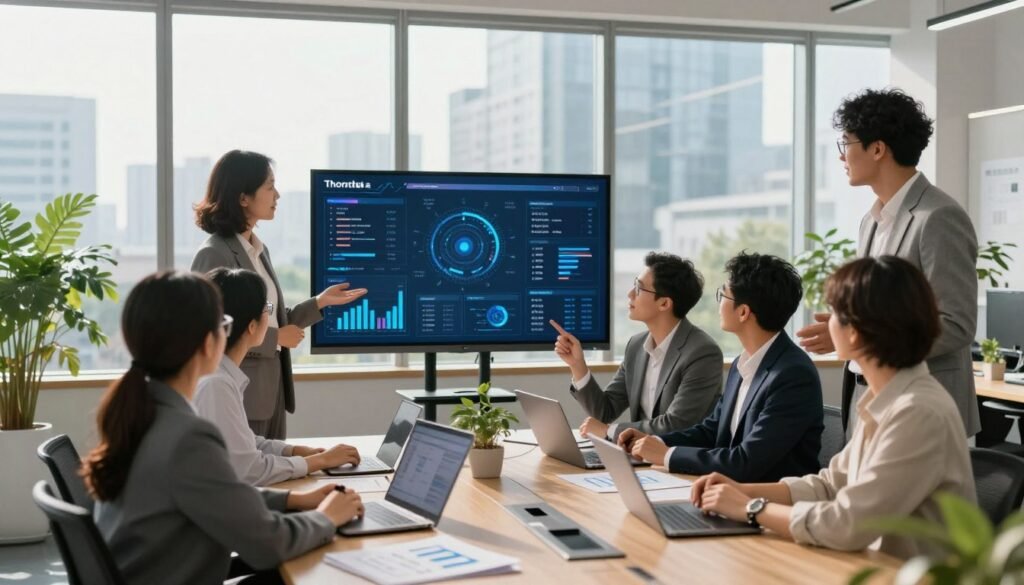 A professional office environment showcasing the beginning of a company's journey with a data platform. In the foreground, a group of diverse business professionals in business attire, engaged in an animated discussion around a large interactive screen displaying data visualizations and analytics. In the middle, a modern conference table with laptops and charts, surrounded by plants that bring a touch of nature indoors. The background features large windows revealing a cityscape, bathed in warm, natural light, suggesting a bright and optimistic future. The mood is collaborative and innovative, capturing the essence of discovering new data solutions with ThorData. The scene is composed with a slight depth of field, emphasizing the professionals while softly blurring the background, creating a sense of focus and intent. A professional office environment showcasing the beginning of a company's journey with a data platform. In the foreground, a group of diverse business professionals in business attire, engaged in an animated discussion around a large interactive screen displaying data visualizations and analytics. In the middle, a modern conference table with laptops and charts, surrounded by plants that bring a touch of nature indoors. The background features large windows revealing a cityscape, bathed in warm, natural light, suggesting a bright and optimistic future. The mood is collaborative and innovative, capturing the essence of discovering new data solutions with ThorData. The scene is composed with a slight depth of field, emphasizing the professionals while softly blurring the background, creating a sense of focus and intent.
