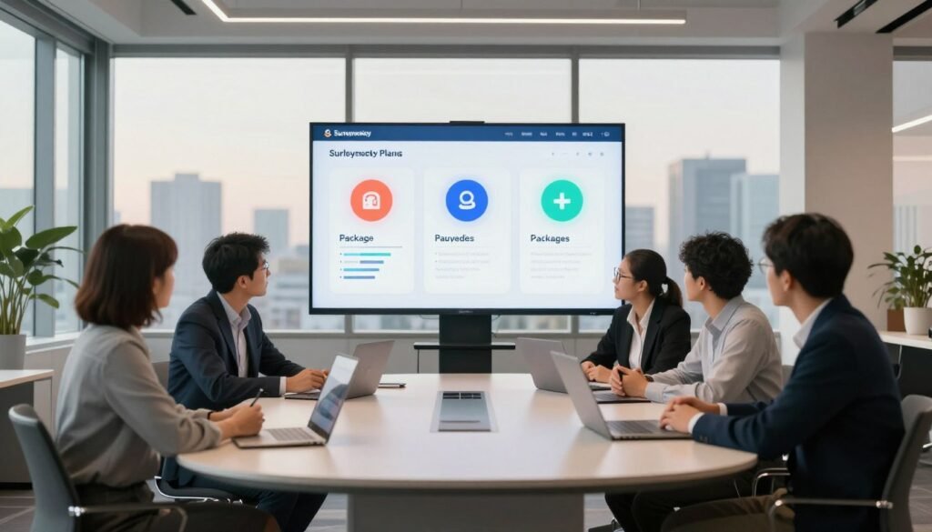 A sleek, modern office environment representing SurveyMonkey's plans, with a large, round table in the foreground surrounded by business professionals discussing survey options. The individuals are dressed in professional business attire, engaged in a collaborative atmosphere. In the middle ground, a digital screen displays colorful graphs and icons symbolizing different survey plans and features, with clear distinctions between each package. The background features large windows offering a cityscape view, with soft, natural lighting adding warmth to the scene. Use a wide-angle lens to create an inviting and dynamic perspective. The mood should convey a sense of professionalism, collaboration, and innovation, emphasizing the importance of choosing the right survey plan for various needs. A sleek, modern office environment representing SurveyMonkey's plans, with a large, round table in the foreground surrounded by business professionals discussing survey options. The individuals are dressed in professional business attire, engaged in a collaborative atmosphere. In the middle ground, a digital screen displays colorful graphs and icons symbolizing different survey plans and features, with clear distinctions between each package. The background features large windows offering a cityscape view, with soft, natural lighting adding warmth to the scene. Use a wide-angle lens to create an inviting and dynamic perspective. The mood should convey a sense of professionalism, collaboration, and innovation, emphasizing the importance of choosing the right survey plan for various needs.