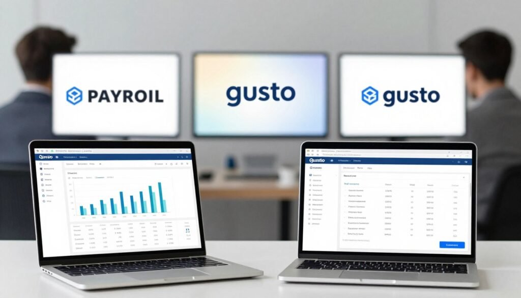 A visually engaging comparison image depicting a digital landscape of payroll management software, focusing on Gusto and its competitors. In the foreground, feature a sleek laptop open to a detailed dashboard of Gusto, showcasing user-friendly graphs and data metrics. In the middle, place icons or logos of competing payroll software against a soft gradient background, each represented on digital screens to symbolize market presence. The background should consist of a subtle office environment, with blurred silhouettes of professionals in business attire, creating a sense of a dynamic business meeting. Use bright, professional lighting to enhance visibility and clarity, conveying an atmosphere of innovation and competition in the market. The composition should be crisp and modern, emphasizing the subject's relevance and contextual significance without any text elements. A visually engaging comparison image depicting a digital landscape of payroll management software, focusing on Gusto and its competitors. In the foreground, feature a sleek laptop open to a detailed dashboard of Gusto, showcasing user-friendly graphs and data metrics. In the middle, place icons or logos of competing payroll software against a soft gradient background, each represented on digital screens to symbolize market presence. The background should consist of a subtle office environment, with blurred silhouettes of professionals in business attire, creating a sense of a dynamic business meeting. Use bright, professional lighting to enhance visibility and clarity, conveying an atmosphere of innovation and competition in the market. The composition should be crisp and modern, emphasizing the subject's relevance and contextual significance without any text elements.