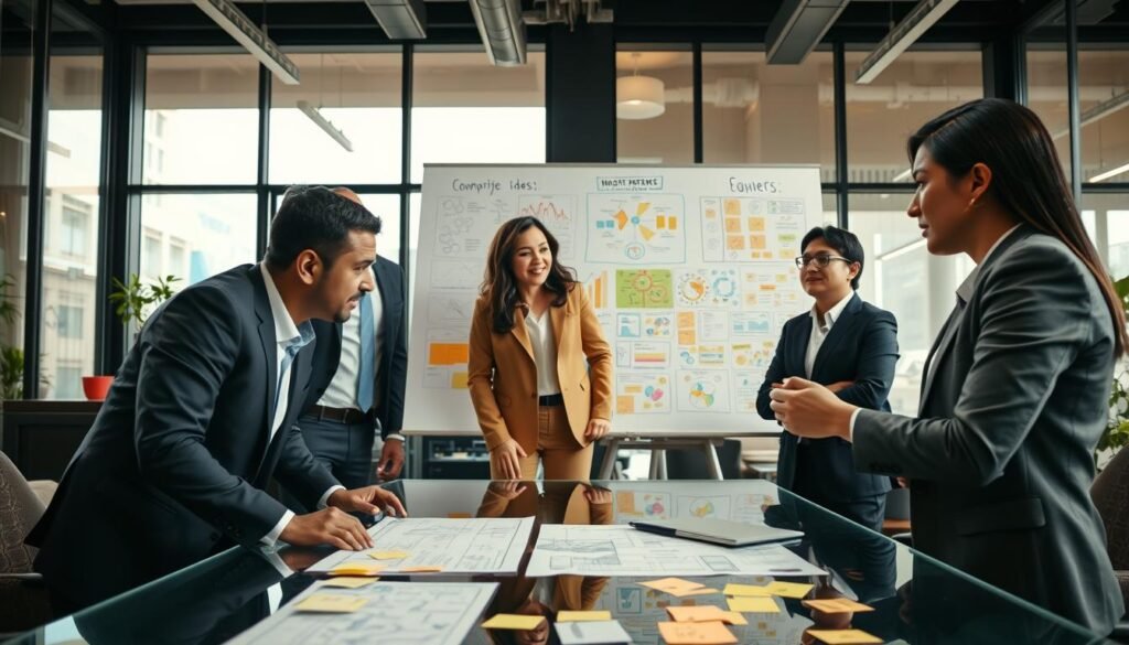 A brainstorming session for a business project idea set in a modern office environment. In the foreground, a diverse group of three professionals of varying ethnicities, dressed in smart business attire, intently discussing ideas while surrounded by sticky notes and blueprints on a large glass table. In the middle, a large whiteboard filled with colorful diagrams and mind maps highlighting potential business concepts. The background features contemporary office decor with large windows letting in warm, natural light that creates a bright and inspiring atmosphere. The image should convey a sense of collaboration, creativity, and focus, capturing the essence of choosing the right business idea. The camera angle is slightly overhead, emphasizing the interaction among the group and their serious yet enthusiastic expressions. A brainstorming session for a business project idea set in a modern office environment. In the foreground, a diverse group of three professionals of varying ethnicities, dressed in smart business attire, intently discussing ideas while surrounded by sticky notes and blueprints on a large glass table. In the middle, a large whiteboard filled with colorful diagrams and mind maps highlighting potential business concepts. The background features contemporary office decor with large windows letting in warm, natural light that creates a bright and inspiring atmosphere. The image should convey a sense of collaboration, creativity, and focus, capturing the essence of choosing the right business idea. The camera angle is slightly overhead, emphasizing the interaction among the group and their serious yet enthusiastic expressions.