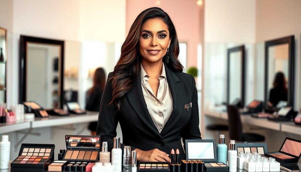 A confident Arab woman, Huda Kattan, stands at the center of a modern beauty studio, showcasing her expertise in the cosmetic industry. She wears elegant business attire—an impeccably tailored blazer and chic blouse—reflecting professionalism and style. The foreground features various beauty products artfully arranged, enhancing the theme of innovation in beauty. In the middle ground, vibrant palettes of makeup and skincare items are on display, with soft lighting highlighting their allure. The background reveals a sleek, well-organized workspace adorned with mirrors and soft pastel colors, creating a warm and inviting atmosphere. The lighting is bright yet soft, casting gentle shadows that add depth. The overall mood is empowering and inspiring, embodying a sense of success and ambition, perfect for aspiring women entrepreneurs. A confident Arab woman, Huda Kattan, stands at the center of a modern beauty studio, showcasing her expertise in the cosmetic industry. She wears elegant business attire—an impeccably tailored blazer and chic blouse—reflecting professionalism and style. The foreground features various beauty products artfully arranged, enhancing the theme of innovation in beauty. In the middle ground, vibrant palettes of makeup and skincare items are on display, with soft lighting highlighting their allure. The background reveals a sleek, well-organized workspace adorned with mirrors and soft pastel colors, creating a warm and inviting atmosphere. The lighting is bright yet soft, casting gentle shadows that add depth. The overall mood is empowering and inspiring, embodying a sense of success and ambition, perfect for aspiring women entrepreneurs.