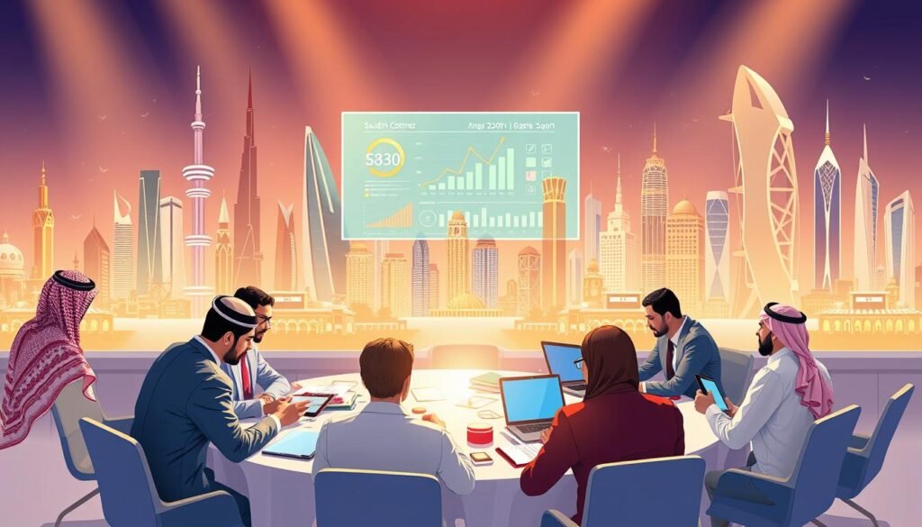 A detailed illustration depicting the impact of foreign investments on the Saudi economy. In the foreground, a group of diverse business professionals in formal attire engaged in a discussion around a table cluttered with financial reports and laptops. The middle ground features a large digital screen displaying graphs and charts indicating economic growth and investment trends. In the background, iconic Saudi landmarks, such as the Kingdom Centre Tower and traditional markets, blend with contemporary skyscrapers, symbolizing modernization and economic development. Bright, inspirational lighting illuminates the scene, creating a hopeful and dynamic atmosphere. The composition captures the essence of international collaboration in fostering Saudi Arabia's economic landscape. A detailed illustration depicting the impact of foreign investments on the Saudi economy. In the foreground, a group of diverse business professionals in formal attire engaged in a discussion around a table cluttered with financial reports and laptops. The middle ground features a large digital screen displaying graphs and charts indicating economic growth and investment trends. In the background, iconic Saudi landmarks, such as the Kingdom Centre Tower and traditional markets, blend with contemporary skyscrapers, symbolizing modernization and economic development. Bright, inspirational lighting illuminates the scene, creating a hopeful and dynamic atmosphere. The composition captures the essence of international collaboration in fostering Saudi Arabia's economic landscape.