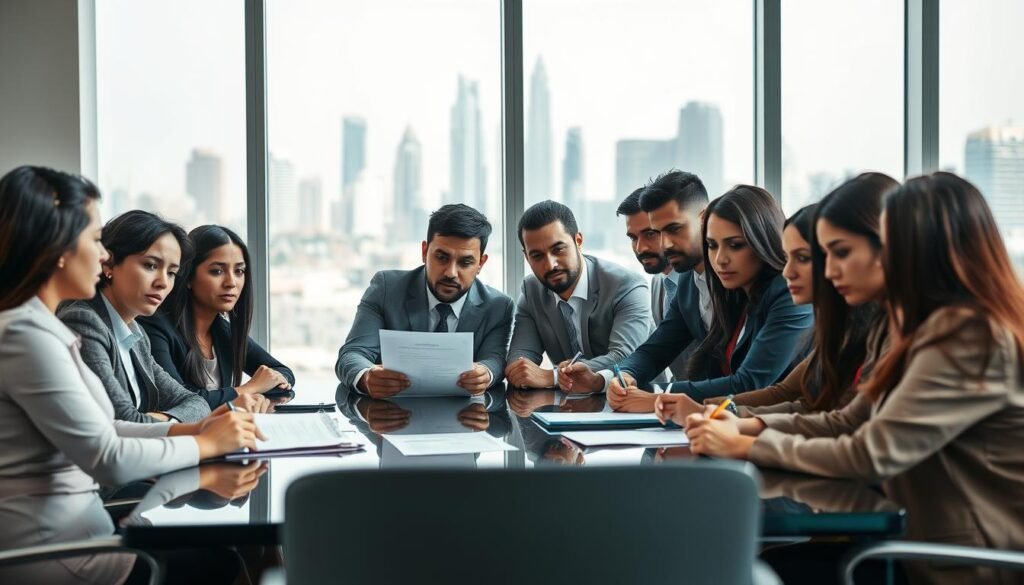 A diverse group of aspiring entrepreneurs, including individuals of various ethnic backgrounds dressed in professional business attire, are seated around a modern conference table. They appear engaged in a discussion, with expressions of concern and determination. Some are looking at documents regarding grant applications, while others are jotting down notes. In the background, a large window shows a cityscape of Dubai, symbolizing opportunity but also the competitive nature of entrepreneurship. Soft, natural lighting from the window creates a balanced atmosphere, while a slight depth of field focuses on the group, emphasizing their challenges and aspirations. The overall mood is one of serious contemplation, highlighting the hurdles faced by grant applicants in the UAE. A diverse group of aspiring entrepreneurs, including individuals of various ethnic backgrounds dressed in professional business attire, are seated around a modern conference table. They appear engaged in a discussion, with expressions of concern and determination. Some are looking at documents regarding grant applications, while others are jotting down notes. In the background, a large window shows a cityscape of Dubai, symbolizing opportunity but also the competitive nature of entrepreneurship. Soft, natural lighting from the window creates a balanced atmosphere, while a slight depth of field focuses on the group, emphasizing their challenges and aspirations. The overall mood is one of serious contemplation, highlighting the hurdles faced by grant applicants in the UAE.