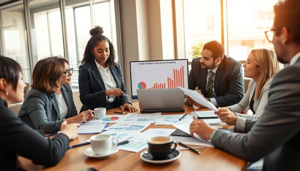 A diverse group of professionals engaged in a discussion around a table filled with charts and financial documents, representing small and medium-sized enterprises (SMEs). In the foreground, a confident Black woman in a smart blazer points at a pie chart on a tablet, while a Middle-Eastern man in a suit takes notes. In the middle, a laptop displays graphs showing funding strategies, with coffee cups and stationery scattered around. The background features a modern office setting with large windows letting in warm natural light, creating an upbeat and collaborative atmosphere. The composition emphasizes teamwork and strategy. The overall mood is dynamic and optimistic, reflecting the theme of financing strategies for SMEs. A diverse group of professionals engaged in a discussion around a table filled with charts and financial documents, representing small and medium-sized enterprises (SMEs). In the foreground, a confident Black woman in a smart blazer points at a pie chart on a tablet, while a Middle-Eastern man in a suit takes notes. In the middle, a laptop displays graphs showing funding strategies, with coffee cups and stationery scattered around. The background features a modern office setting with large windows letting in warm natural light, creating an upbeat and collaborative atmosphere. The composition emphasizes teamwork and strategy. The overall mood is dynamic and optimistic, reflecting the theme of financing strategies for SMEs.