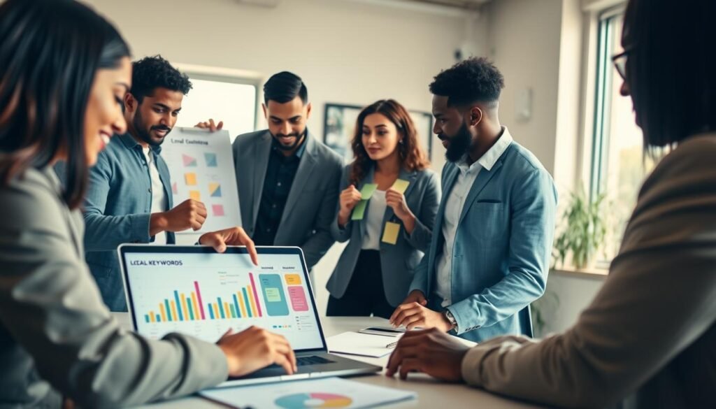 A dynamic digital marketing scene focused on small businesses, showcasing a diverse group of professionals in smart casual attire collaborating around a modern workspace. In the foreground, a light-skinned woman points at a colorful chart on a laptop, analyzing local keywords and SEO strategies. The middle layer features graphs and sticky notes on a whiteboard, with lively discussions among professionals of different ethnic backgrounds. In the background, a bright window provides natural light, adding an optimistic atmosphere to the environment. The overall mood is collaborative and innovative, emphasizing teamwork and creativity in digital marketing. The lens captures the scene from a slight angle, giving depth and vibrancy to the image. A dynamic digital marketing scene focused on small businesses, showcasing a diverse group of professionals in smart casual attire collaborating around a modern workspace. In the foreground, a light-skinned woman points at a colorful chart on a laptop, analyzing local keywords and SEO strategies. The middle layer features graphs and sticky notes on a whiteboard, with lively discussions among professionals of different ethnic backgrounds. In the background, a bright window provides natural light, adding an optimistic atmosphere to the environment. The overall mood is collaborative and innovative, emphasizing teamwork and creativity in digital marketing. The lens captures the scene from a slight angle, giving depth and vibrancy to the image.