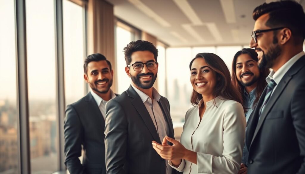 A dynamic scene depicting a diverse group of successful Egyptian entrepreneurs celebrating their achievements. In the foreground, three individuals of varying ages and backgrounds, dressed in professional business attire, are engaged in a lively discussion, showcasing a sense of camaraderie and innovation. The middle ground features an elegant modern office space with large windows allowing natural light to flood in, and a beautiful view of Cairo's skyline in the background, symbolizing growth and opportunity. Soft, warm lighting highlights their expressions, creating an atmosphere of inspiration and success. The image captures the essence of collaboration and entrepreneurial spirit, inviting viewers to envision the stories of triumph and motivation that these individuals represent. A dynamic scene depicting a diverse group of successful Egyptian entrepreneurs celebrating their achievements. In the foreground, three individuals of varying ages and backgrounds, dressed in professional business attire, are engaged in a lively discussion, showcasing a sense of camaraderie and innovation. The middle ground features an elegant modern office space with large windows allowing natural light to flood in, and a beautiful view of Cairo's skyline in the background, symbolizing growth and opportunity. Soft, warm lighting highlights their expressions, creating an atmosphere of inspiration and success. The image captures the essence of collaboration and entrepreneurial spirit, inviting viewers to envision the stories of triumph and motivation that these individuals represent.