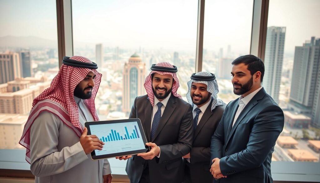 A dynamic scene depicting the challenges and opportunities in the Saudi business market. In the foreground, a diverse group of three Saudi entrepreneurs dressed in smart business attire, engaged in a discussion around a digital tablet showcasing market trends. In the middle ground, a modern office environment with large windows overlooking a bustling city skyline, symbolizing growth and potential. In the background, a cultural blend of traditional Saudi architecture and contemporary buildings, representing the fusion of heritage and modernity. The lighting is bright and natural, highlighting the faces of the entrepreneurs, creating a positive and motivational atmosphere. The angle captures a sense of collaboration and forward-thinking, emphasizing innovation in the Saudi business landscape. A dynamic scene depicting the challenges and opportunities in the Saudi business market. In the foreground, a diverse group of three Saudi entrepreneurs dressed in smart business attire, engaged in a discussion around a digital tablet showcasing market trends. In the middle ground, a modern office environment with large windows overlooking a bustling city skyline, symbolizing growth and potential. In the background, a cultural blend of traditional Saudi architecture and contemporary buildings, representing the fusion of heritage and modernity. The lighting is bright and natural, highlighting the faces of the entrepreneurs, creating a positive and motivational atmosphere. The angle captures a sense of collaboration and forward-thinking, emphasizing innovation in the Saudi business landscape.