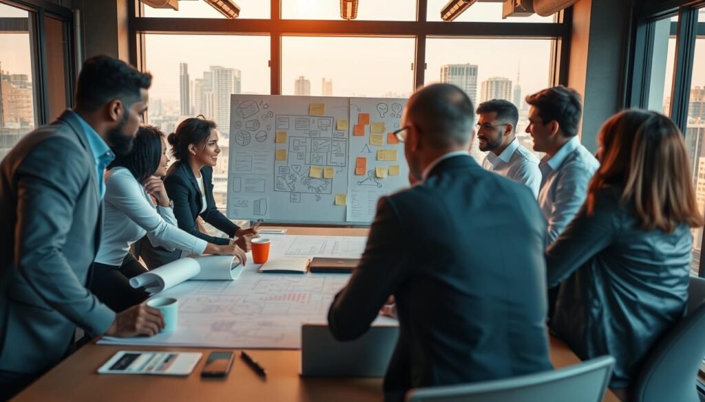 A dynamic scene portraying the journey from idea to execution in entrepreneurship. In the foreground, a diverse group of entrepreneurs in professional business attire, gathered around a large table with blueprints, laptops, and coffee cups, collaborating enthusiastically. The middle ground showcases a vision board filled with sketches and post-it notes, representing growth and innovation. In the background, a large window reveals a bustling cityscape, symbolizing opportunity and ambition under warm, natural lighting. The mood is inspiring and energetic, highlighting teamwork and determination. The perspective is a slightly elevated angle, creating depth and focus on the interactive discussion. A dynamic scene portraying the journey from idea to execution in entrepreneurship. In the foreground, a diverse group of entrepreneurs in professional business attire, gathered around a large table with blueprints, laptops, and coffee cups, collaborating enthusiastically. The middle ground showcases a vision board filled with sketches and post-it notes, representing growth and innovation. In the background, a large window reveals a bustling cityscape, symbolizing opportunity and ambition under warm, natural lighting. The mood is inspiring and energetic, highlighting teamwork and determination. The perspective is a slightly elevated angle, creating depth and focus on the interactive discussion.